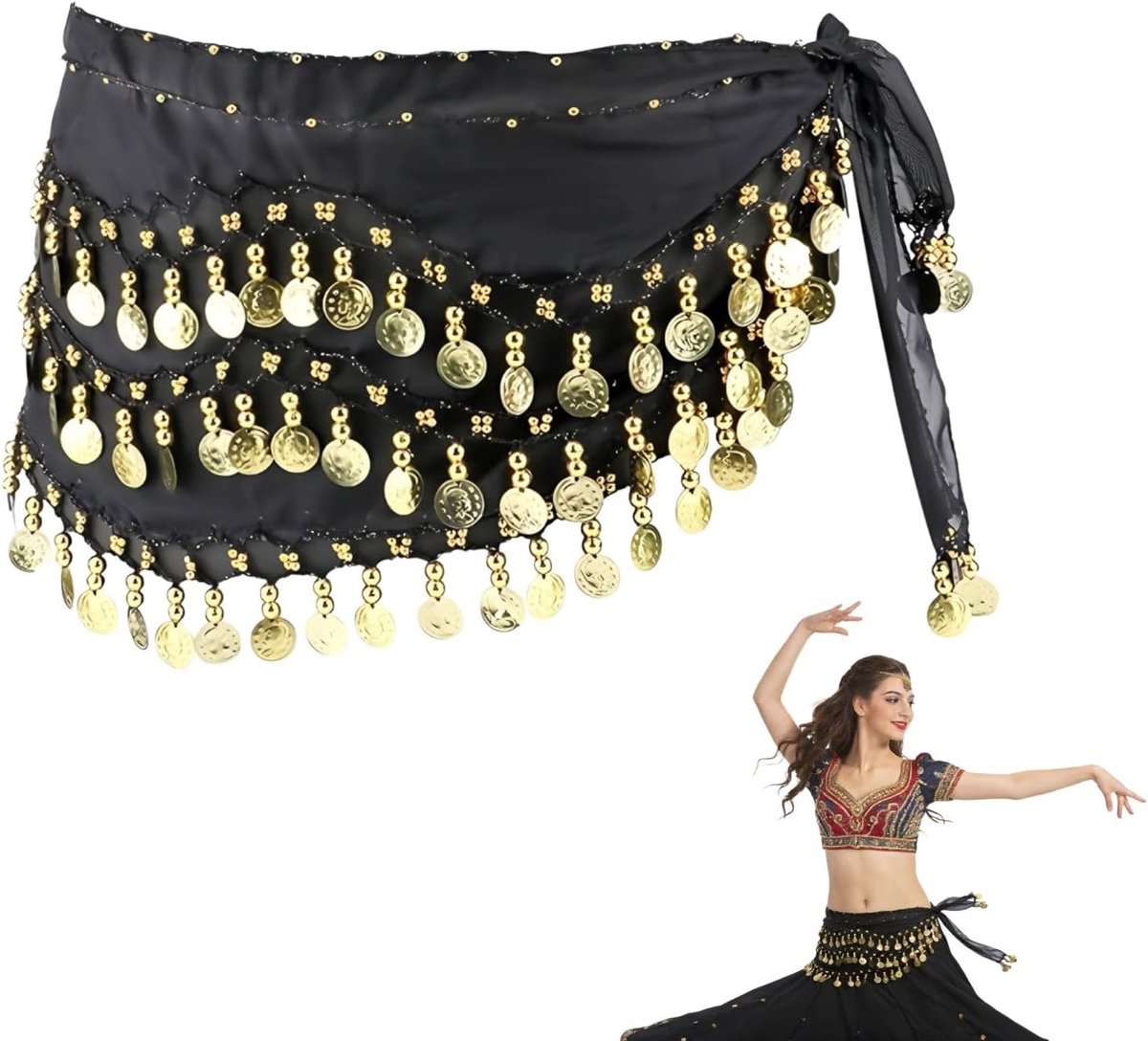 Professionele Buikdans Heupdoek met Munten en Chiffon Ceintuur voor Podiumshows en Feestjes - 140 cm Lang, Perfect voor Latin American Dance en Buikdansoptredens