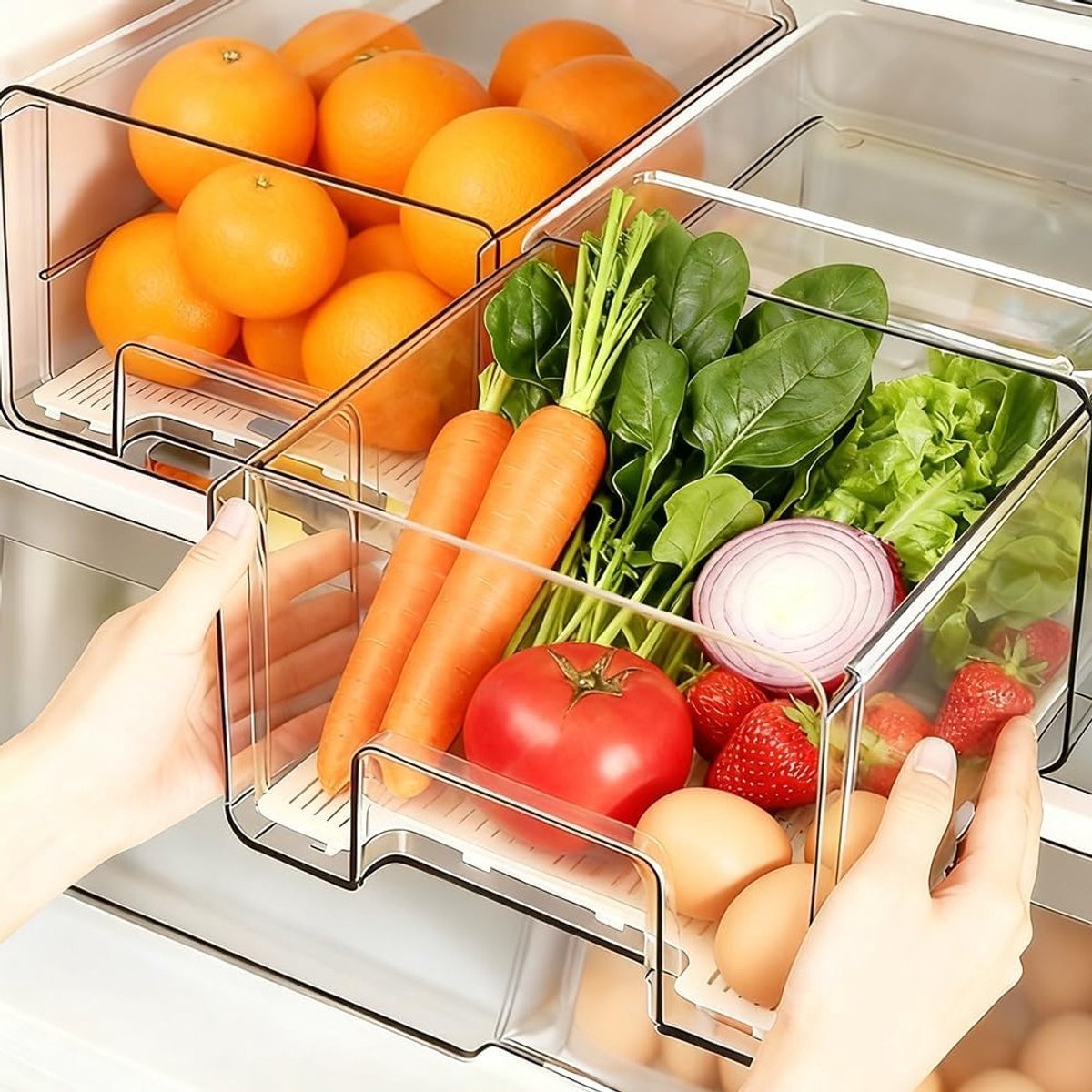 Uitbreidbare en Stapelbare Koelkast Organizer Lade voor Voedselopslag, Transparante Container voor Keuken, Koelkast en Pantry, 1 Stuk, Ideaal voor Worst en Snacks