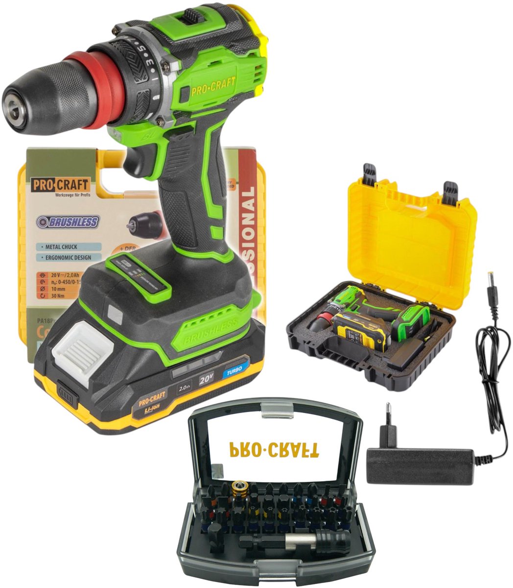 Procraft PA18PRO DFR-1B-C accuboormachine 20 V 30 Nm borstelloos + 1x accu 2,0 Ah + oplader + koffer