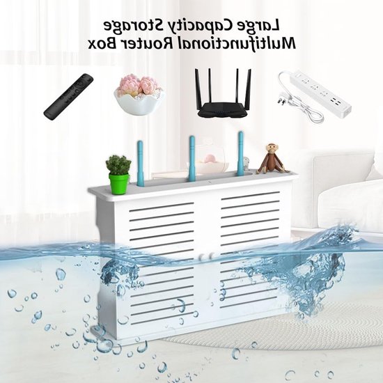 Witte opbergkast voor router, onder water, met diverse accessoires erboven.