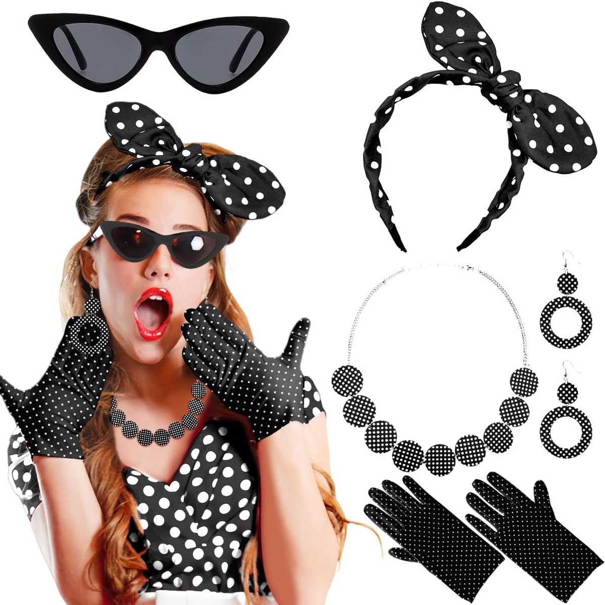 Vijfdelige rockabilly accessoires voor vrouwen, retro kostuum, haarjuwelen en 50s outfits voor een vintage look