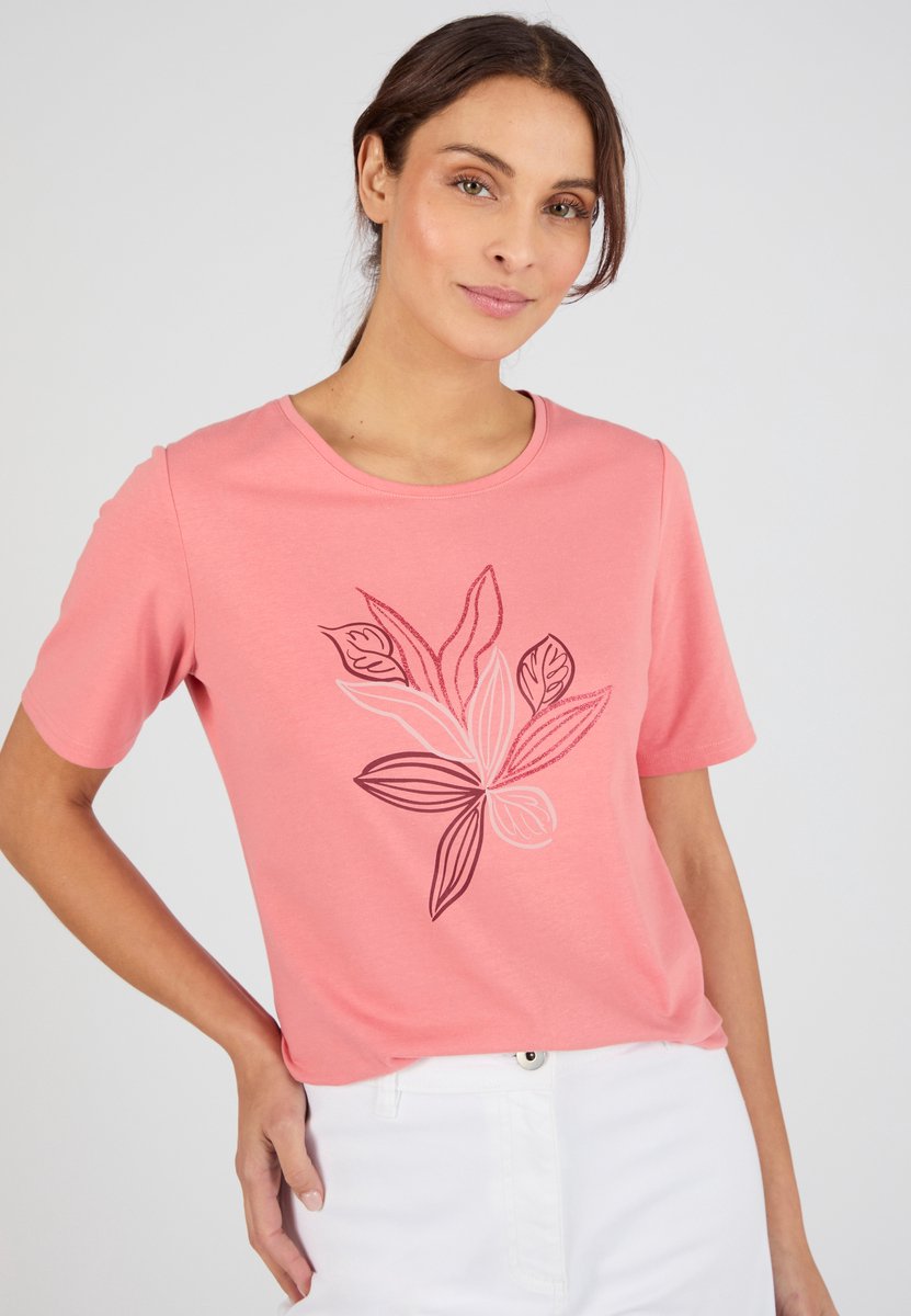 Damart - T-shirt jersey tricot bladermotief - Dames - Roze - XS