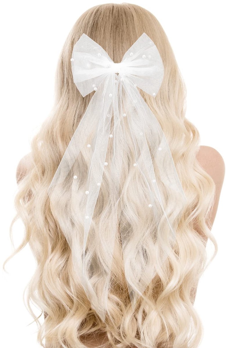 VT Goods - Bruidsluier met Strik - Wedding Veil - Luxe Tulle - Wit - Haaraccessoire voor Bruiden en Bridesmaids - Met Parels - Geschikt voor Meisjes