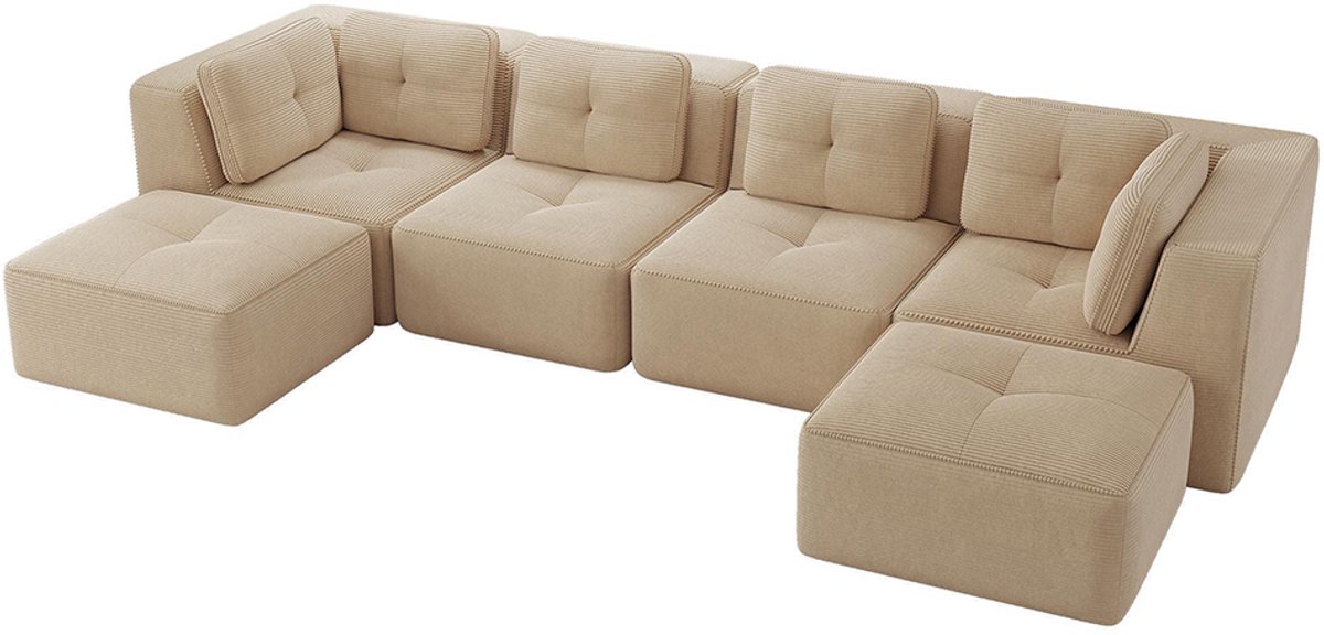 Komhtom Modulaire bank voor de woonkamer zonder frame, Modulaire hoekbank, U-vormige bank met chaise longue, Diepe slaapbank, Antislipontwerp, Geen montage nodig, Beige