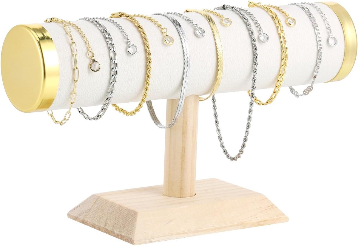 Elegante T-vormige armbandhouder van beige fluweel voor armbanden en enkelbandjes, 23 x 13,5 x 5 cm, perfect voor sieradenopslag en presentatie