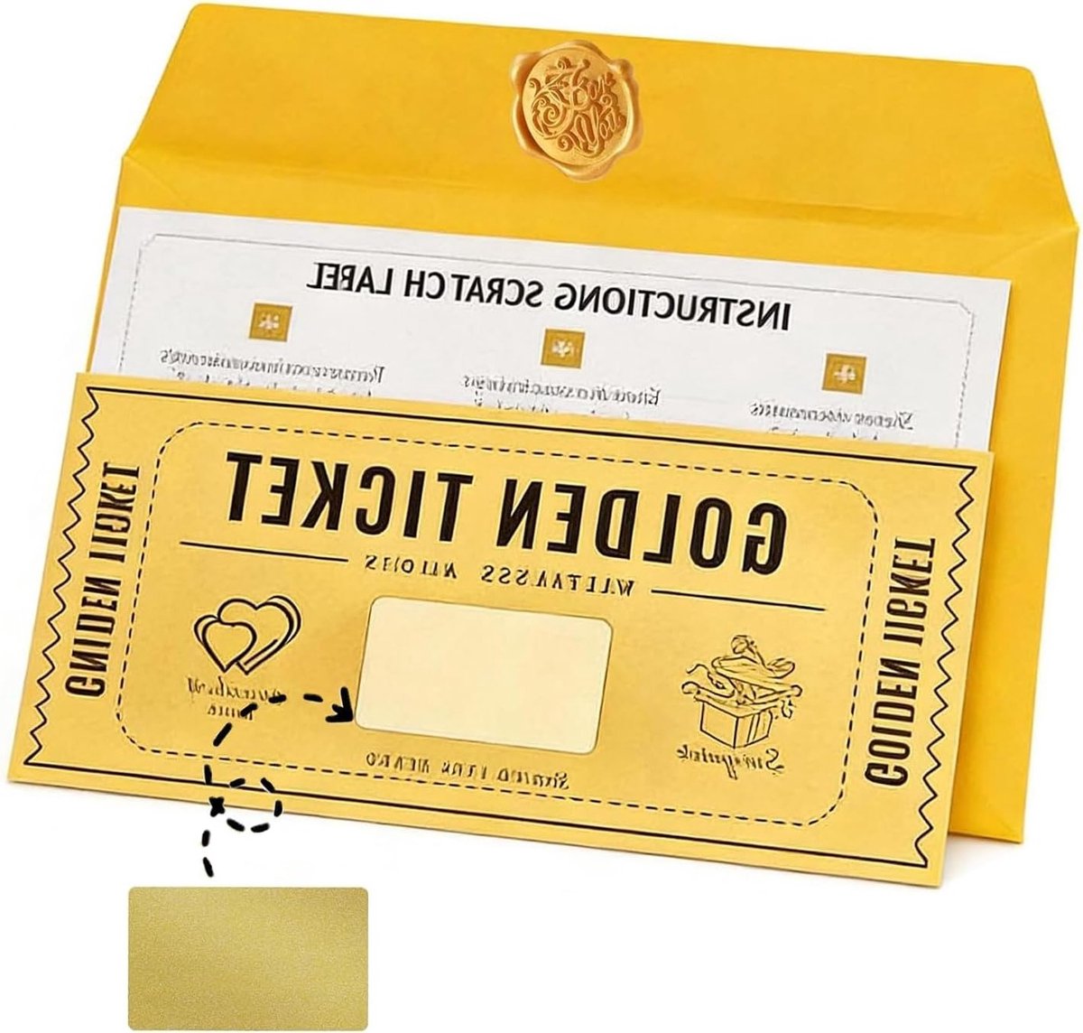 Zelfvulbare wenskaart met gouden ticket en envelop voor verjaardagen, reizen en cadeau-ideeën voor vrienden en familie