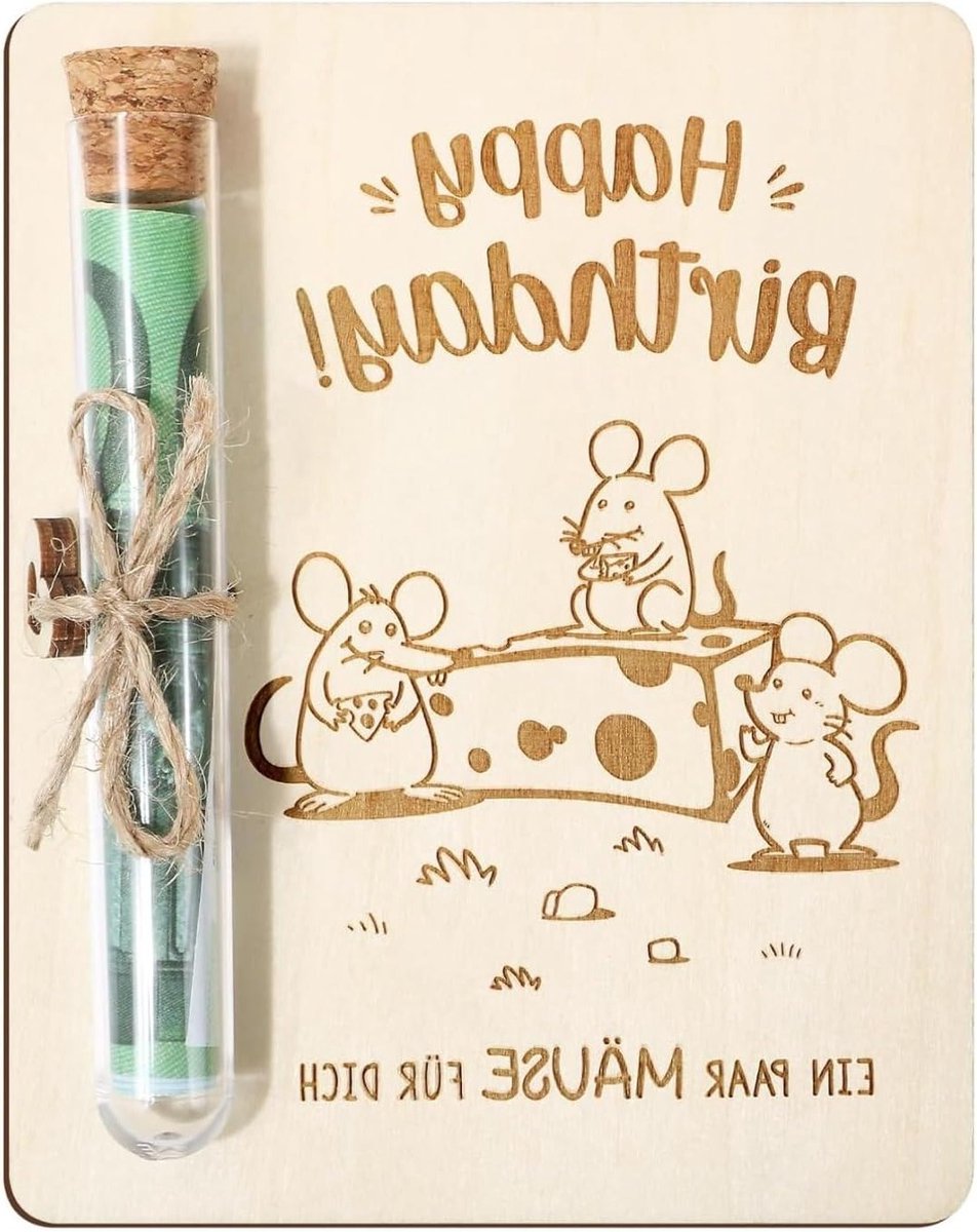 Houten Verjaardagskaart met Proefbuis, Perfect Cadeau voor Geld en Wensen, Uniek en Creatief Geschenk