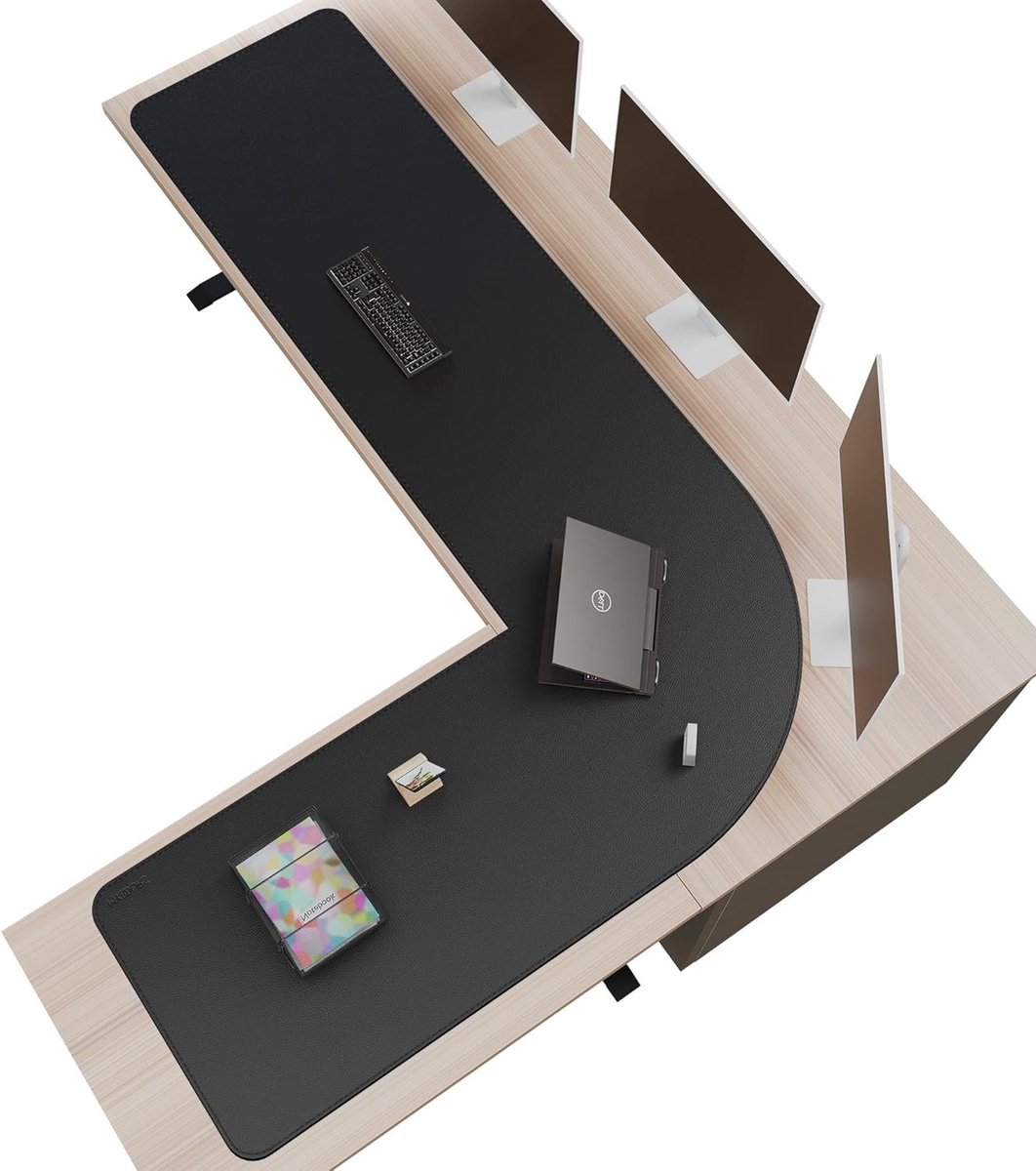 Extra Grote L-vormige Bureau Onderlegger van PU Leer, Dubbelzijdig, Bescherming voor Thuiswerkplek en Gaming, 155 x 195.5 x 61 cm, Zwart