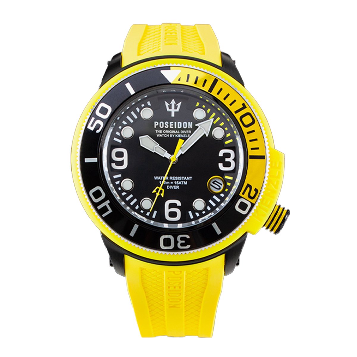 KIENZLE Horloge - Poseidon24 - Quarz UP701 - Waterdicht tot 15 ATM - Wijzerplaat Zwart - Polsband Zonnegeel