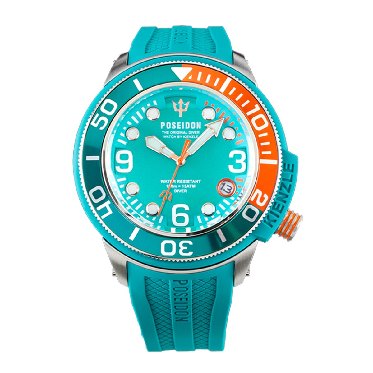 KIENZLE Horloge - Poseidon24 - Quarz UP705 - Waterdicht tot 15 ATM - Wijzerplaat en Polsband Turquoise met Oranje Accenten