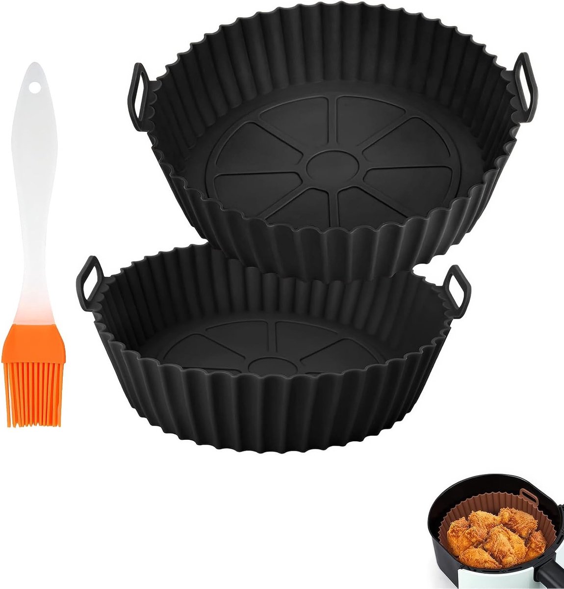 Set van 2 herbruikbare silicone accessoires voor heteluchtfriteuse, inclusief bakmand en keukenborstel voor optimale kookresultaten