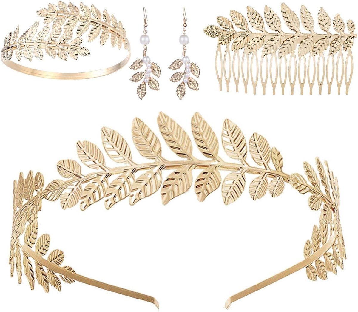 Griekse Godin Kostuum Sieraad Set met Bladeren Haaraccessoires voor Meisjes, Gouden Oorbellen, Haarband en Armband