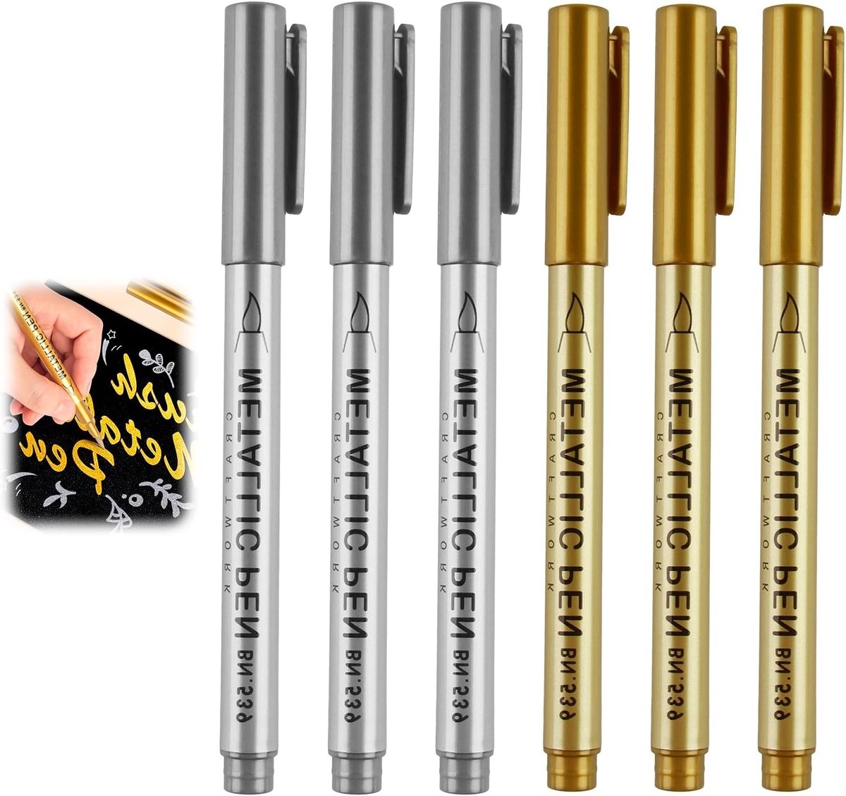 SnelShoppen - 6 Stuks Olie-gebaseerde Metaalmarkers - Zachte Punt - 1.5 mm Lijnbreedte - Permanente Gouden en Zilveren Creatieve Pennen voor Papier, K