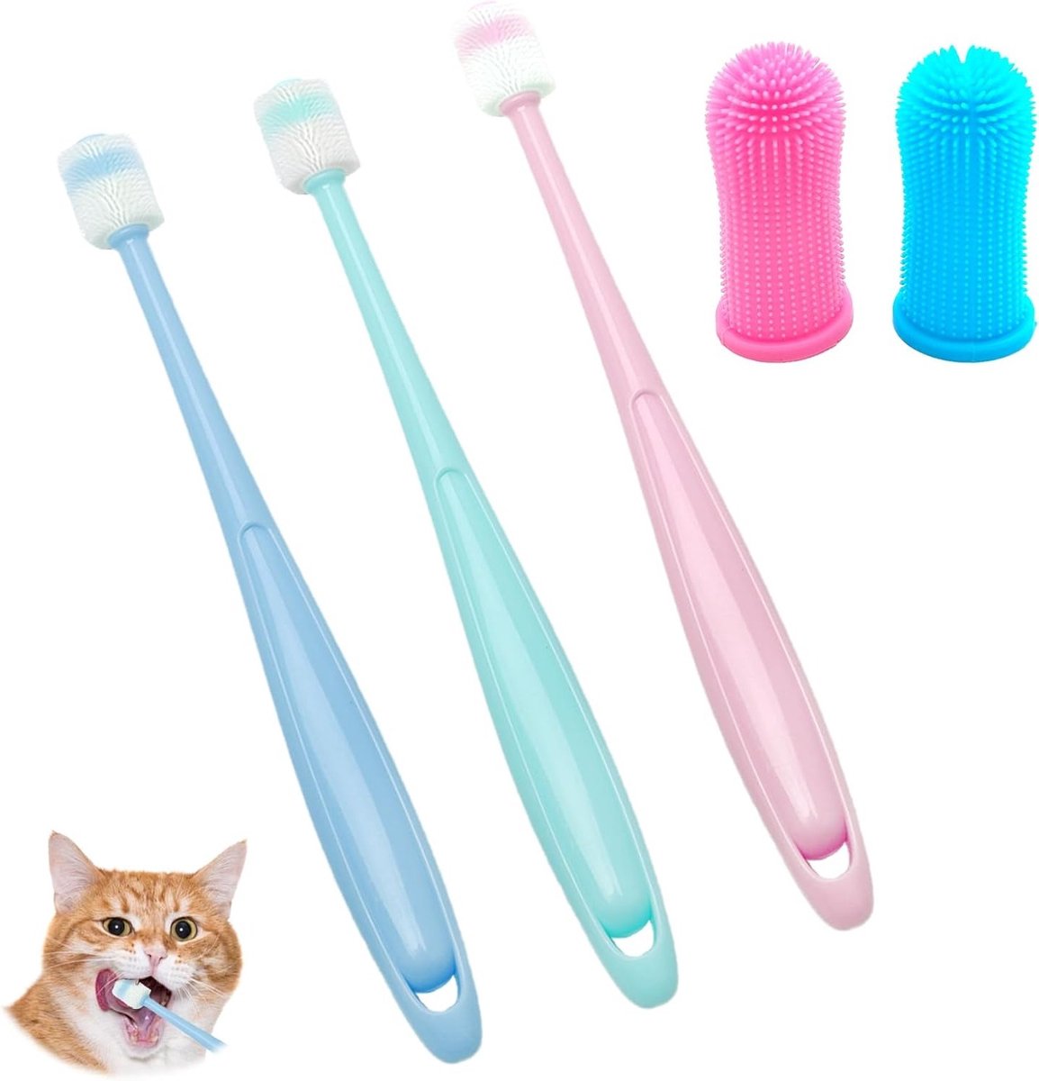 Complete Tandverzorgingsset voor Katten, 3-delige Tandenborstelset met 360 Graden Tandenborstels, Zachte Siliconen Tandenborstels, Herbruikbaar, Ideaal voor Kleine Huisdieren, Roze Blauw Groen
