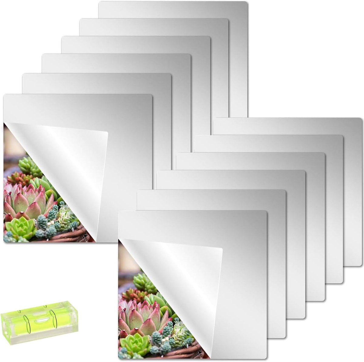 Set van 12 Zelfklevende Tegel Spiegels met Waterpas, 20x20cm Acryl HD Flexibele Spiegelfolie voor Muurdecoratie, Woonkamer, Badkamer en Slaapkamer