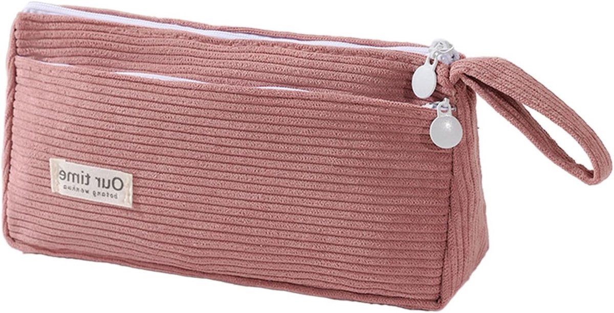 Grote Capaciteit Corduroy Etui voor Cosmetica en Stationery, Duurzaam en Makkelijk Schoon te Maken, Ideaal voor Studenten en Kinderen, Roze Design