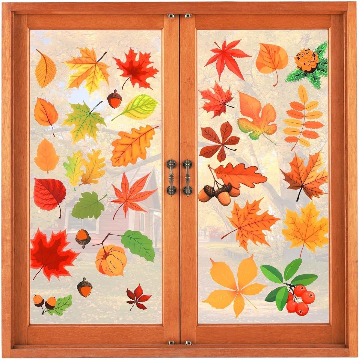 Herfstdecoratie voor Ramen, 64 Herbruikbare Zelfklevende Stickers met Esdoornbladeren voor Raam en Spiegel, Perfect voor Thanksgiving en Seizoensgebonden Versiering