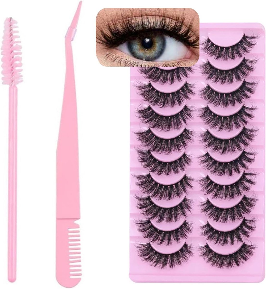 Valse wimpers, kunstnerts, Wispy Cat Eye D Curl, herbruikbaar met pincet en roze mascara, 10 paar voor een natuurlijke look