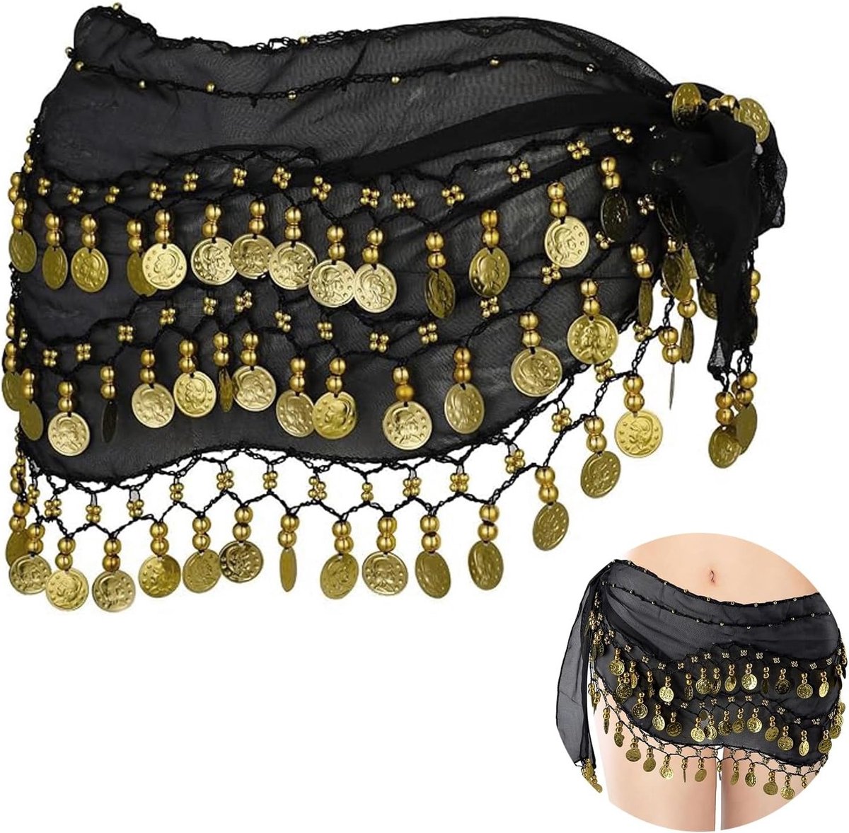 Bellydance heupdoeken met 128 gouden munten voor dans, yoga en carnaval - Perfect voor shows en feesten