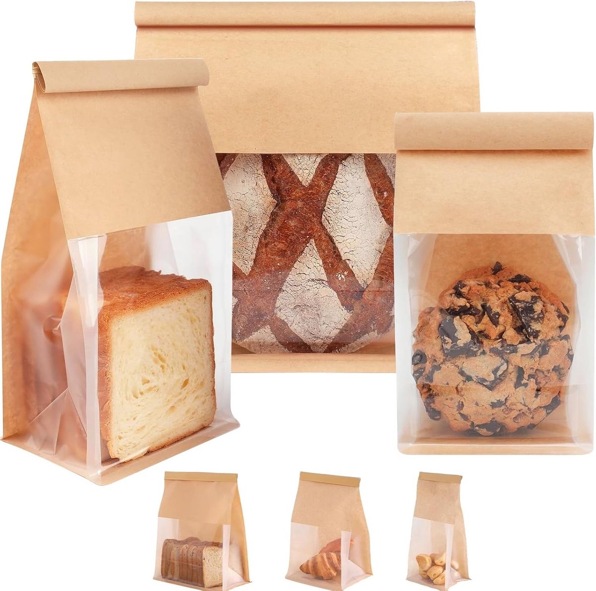 Kraft Papieren Broodzakken met Venster voor Thuisbakken - 30 Stuks, 22x28+11cm, Oliebestendige Voedselopslag, Ideaal voor Toast en Brood