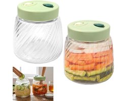 Set van 2 Fermentatiepotten van 1 Liter met Dubbele Luchtklep, Ideaal voor Kimchi en Zuurkool, Inclusief Tangen en Tamper voor Perfect Inleggen