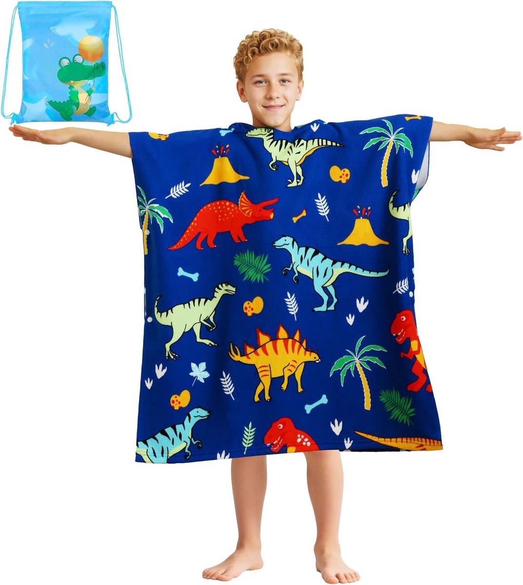 Microfiber Badponcho voor Kinderen met Kap - Grote Badhanddoek met Dinosaurus Motief - Absorberend en Sneldrogend voor Jongens en Meisjes van 6-15 Jaar - Ideaal voor Strand en Zwembad (75 x 180 cm)