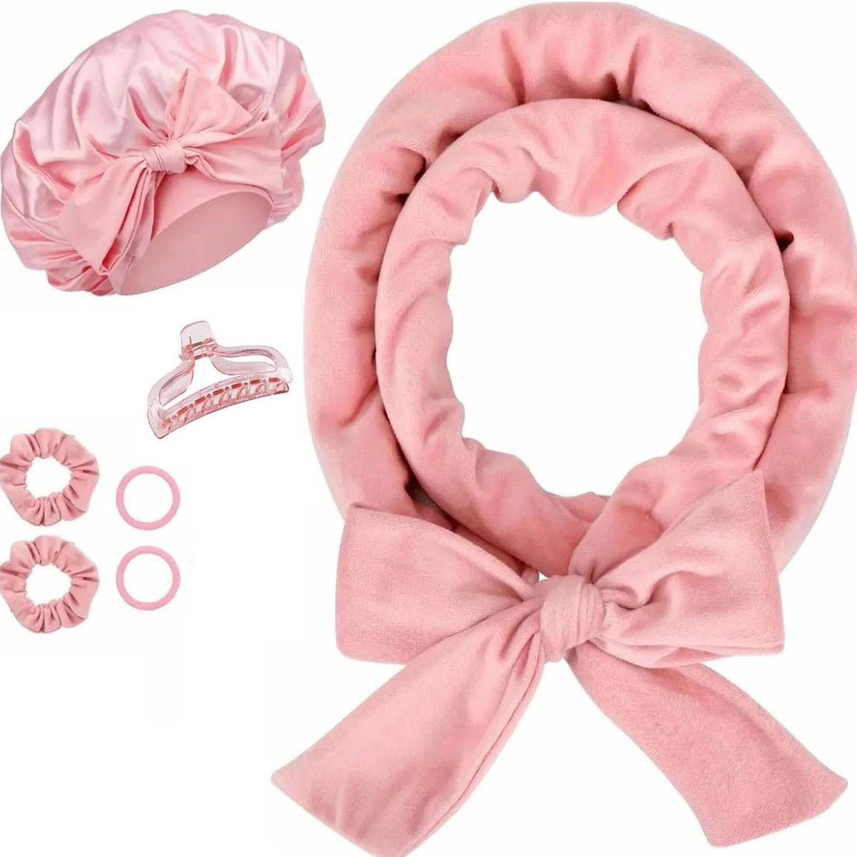 Set van Warmte Krultangen en Hoed Krullers voor Haarstyling - Zachte Krulband voor Middellang Haar (Roze, Groot)