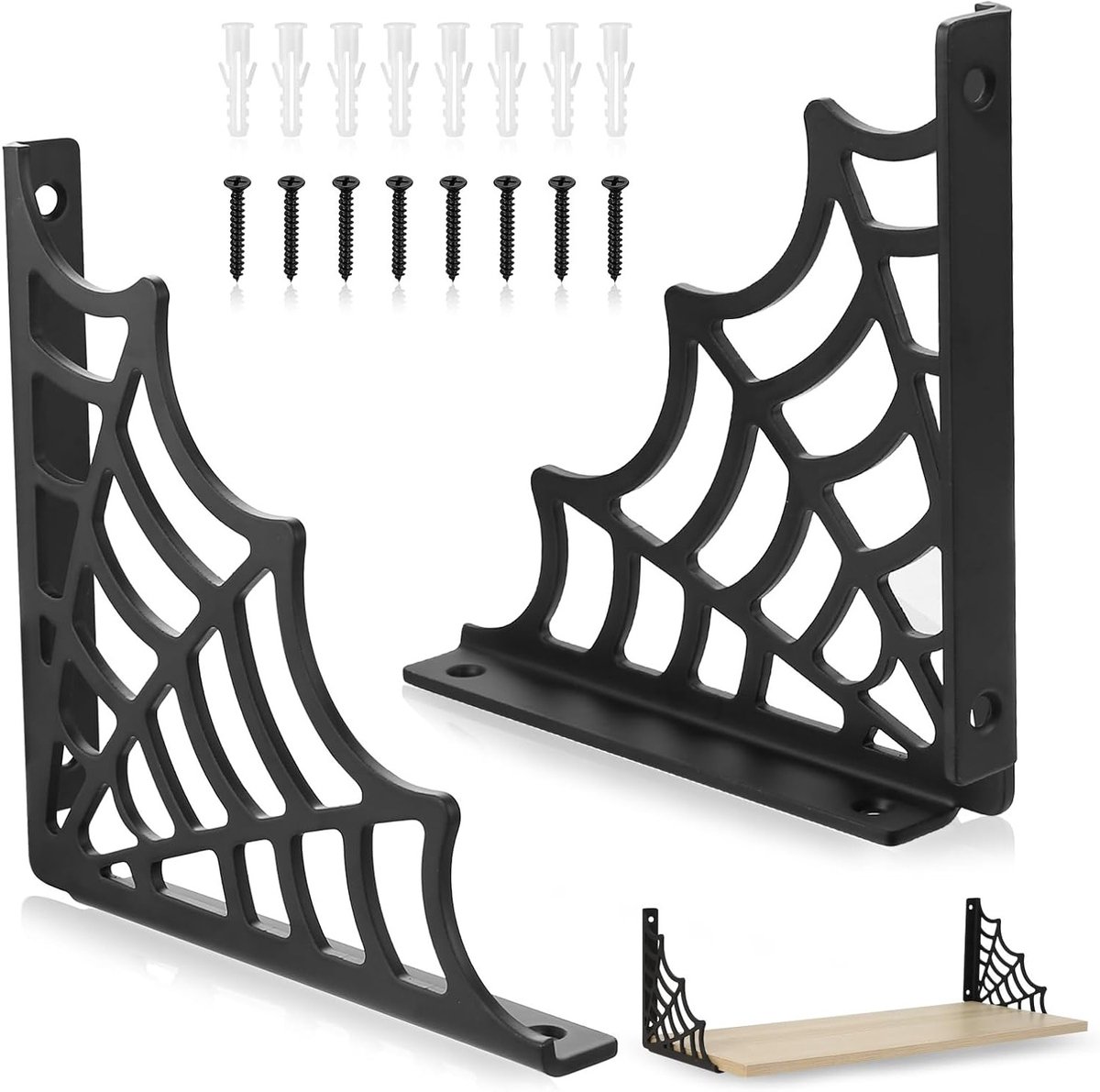 Zwarte Steunbeugels voor Planken, 150mm Metalen Muurbeugels, Stevige Gotische Spider Web Planksteunen voor Thuis, Kantoor en Tuinplanken