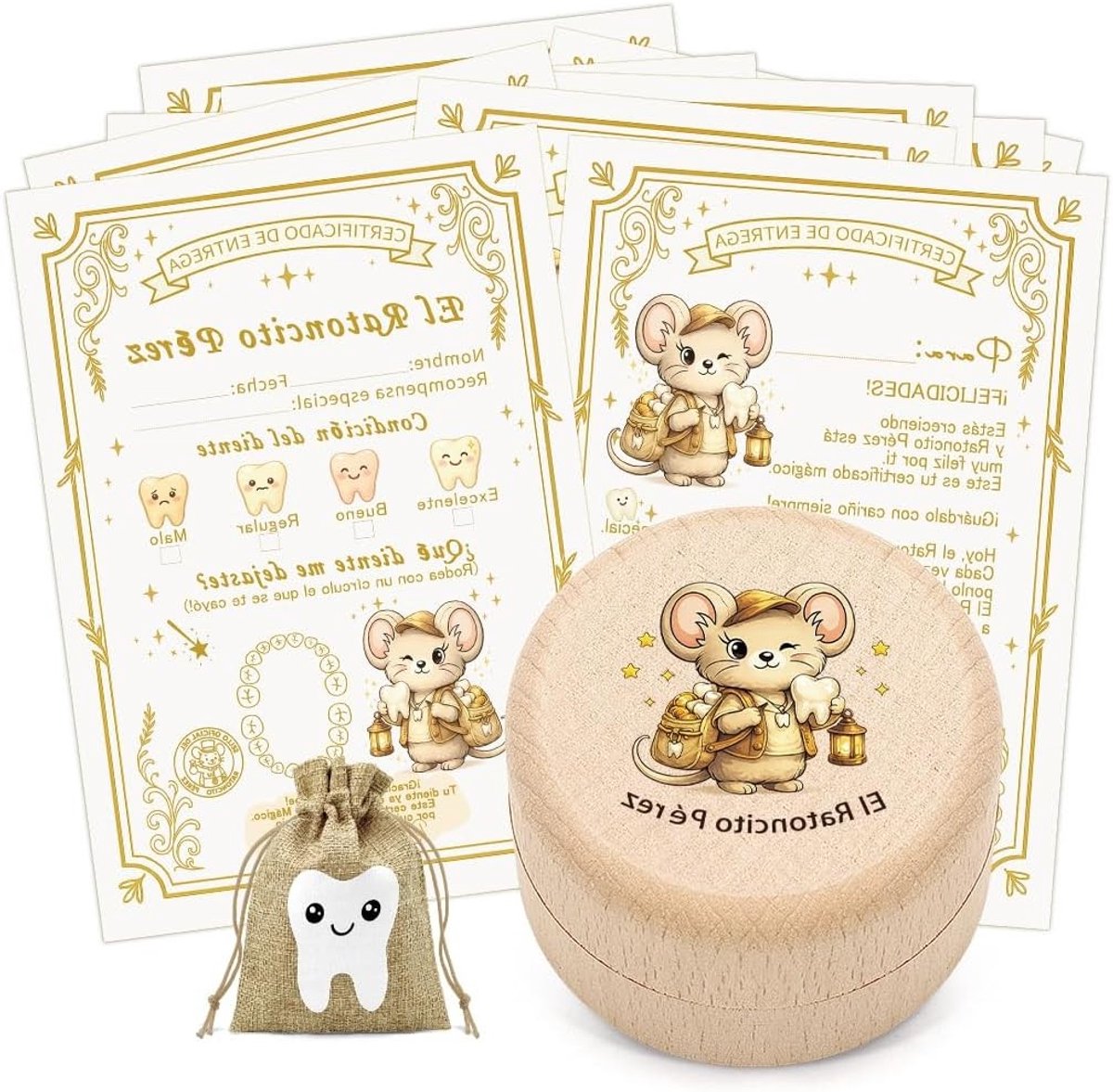 12-delige Melktanddoos Set voor Jongens en Meisjes met Ratoncito Pérez Kaarten en Tickets voor een Schoon Tandje, Origineel Cadeau voor Kinderen