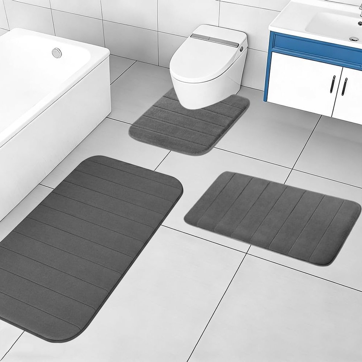 Zachte en Absorberende Badmat Set van 3 Stukken - Microfiber Badkamer Tapijt en U-Vormige Toiletmat - Ideaal voor Comfort en Stijl in de Badkamer (Donkergrijs)