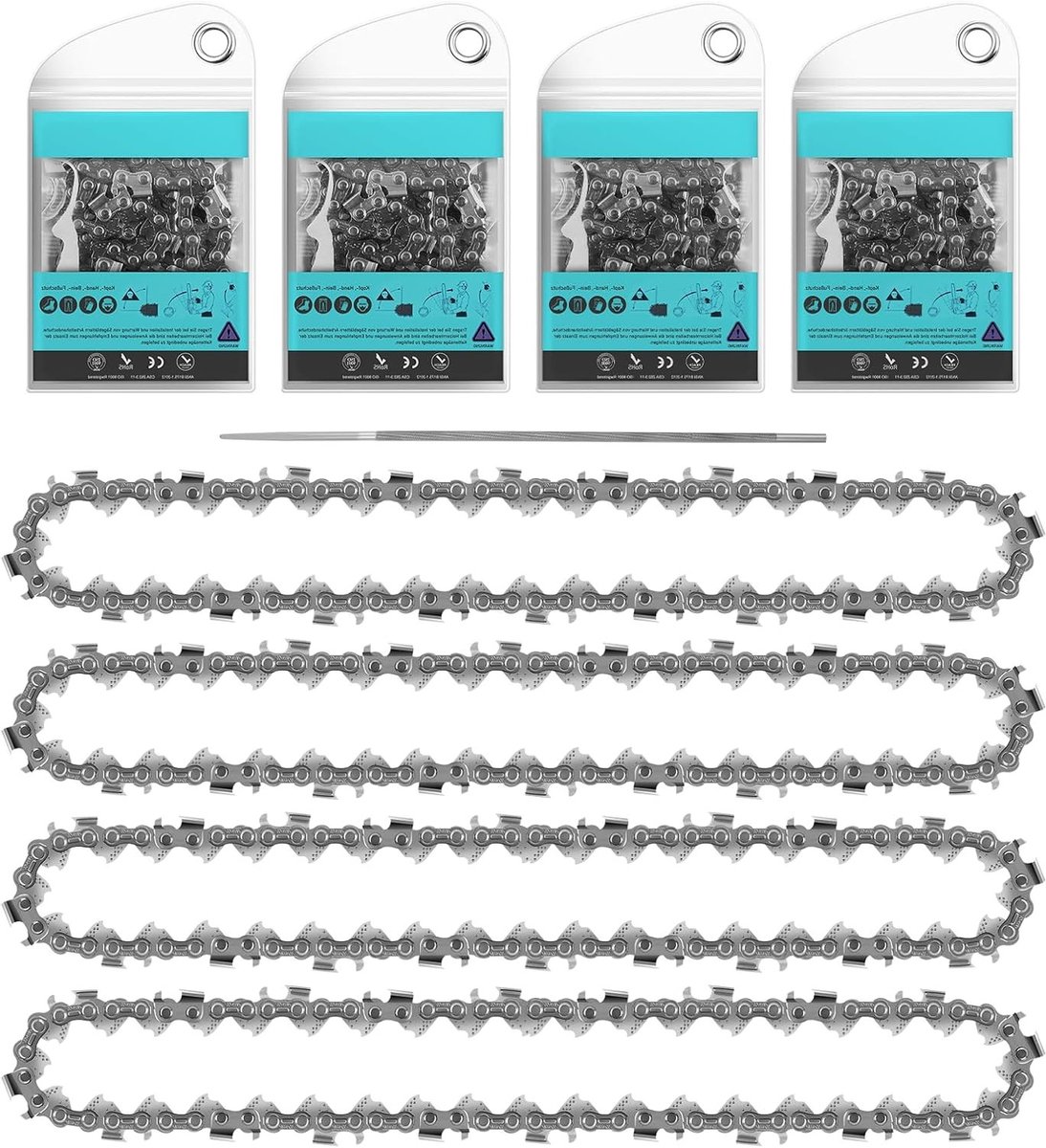 Set van 4 zaagkettingen 3/8 inch LP 1.1mm 40 TG 25cm met 1 vijl voor kettingzaaggebruikers, geschikt voor verschillende merken zoals Husqvarna en Oregon