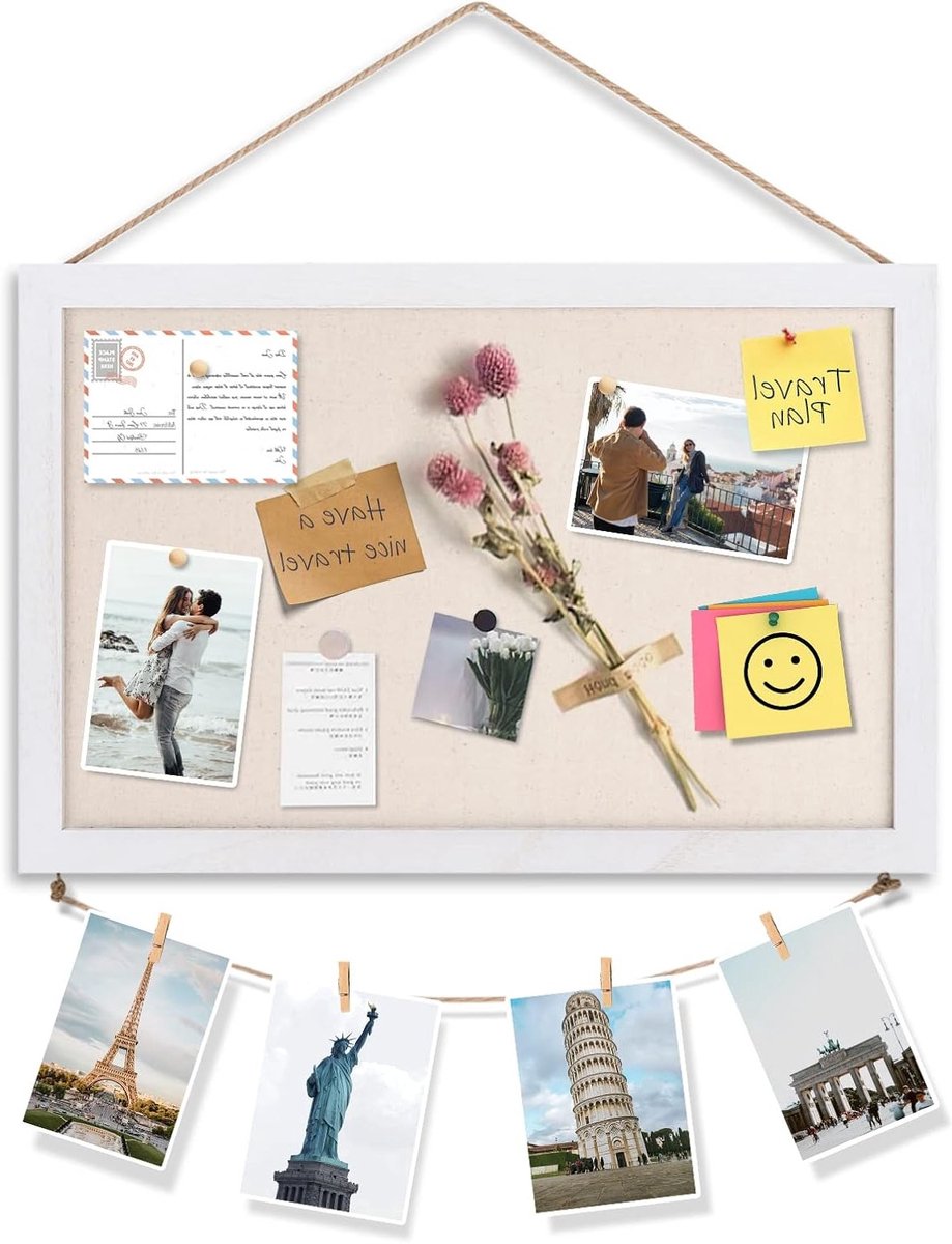 Linnen Korkbord 40 x 30 cm met Houten Frame voor Wanddecoratie in Huis, Keuken, School en Kantoor (Vintage Wit)
