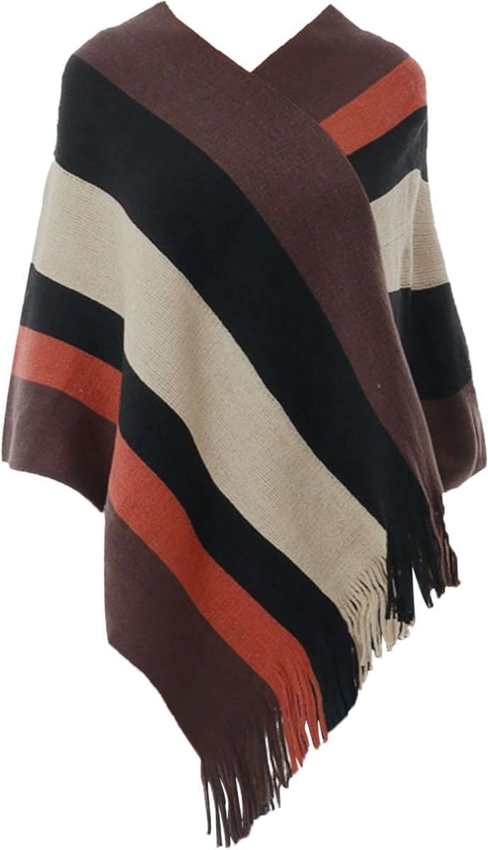 Dames Gebreide Warme Gestreepte Poncho's voor de Winter met Fluffy Mouwen en Franje - Plus Size Sweater en Sjaal voor Comfortabele Stijl