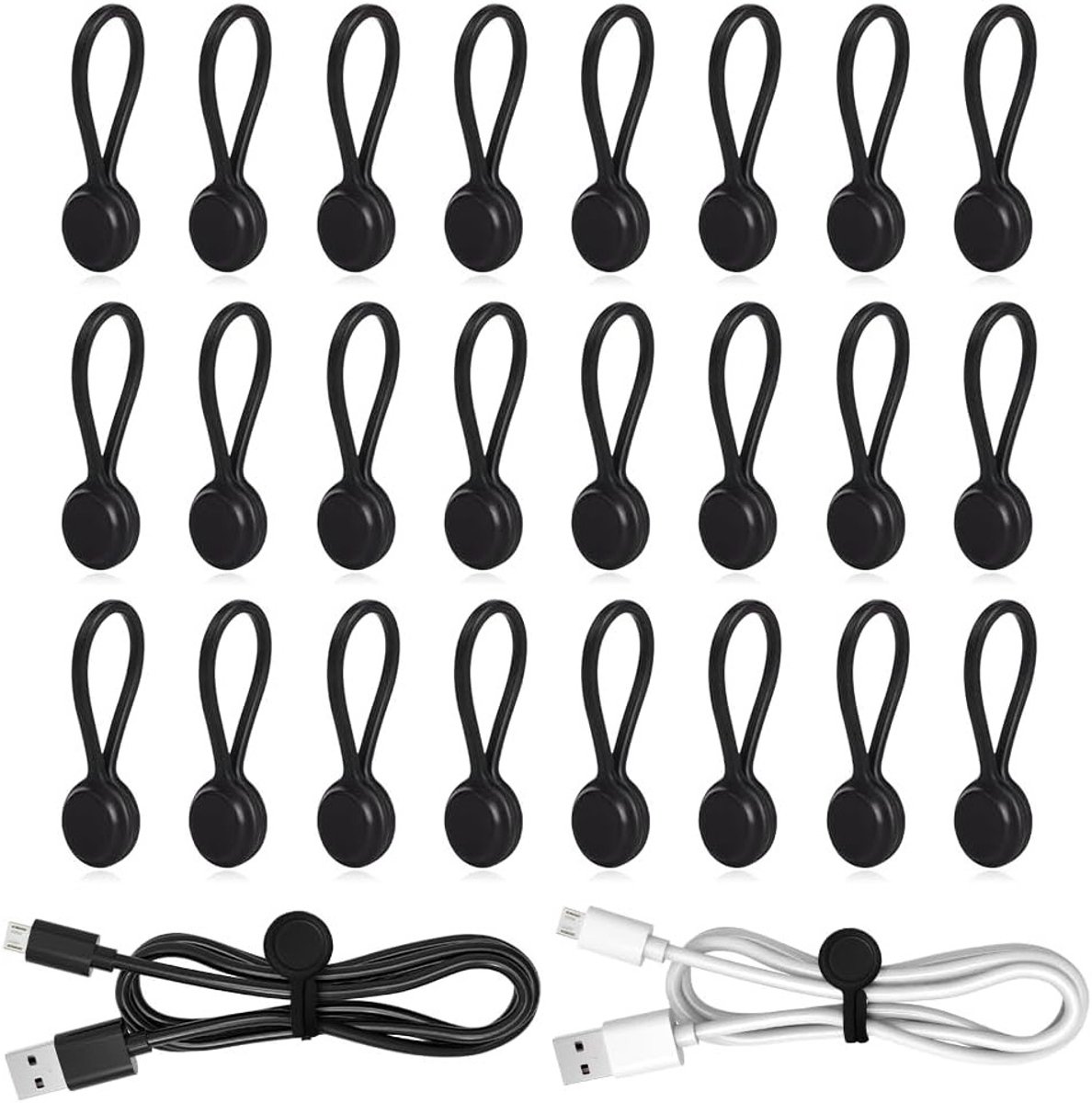 24 Stuks Magnetische Kabelbinders, Siliconen Kabelclip Organizer, Herbruikbare Kabelbeheerders, USB Kabelbeheer, Zwart