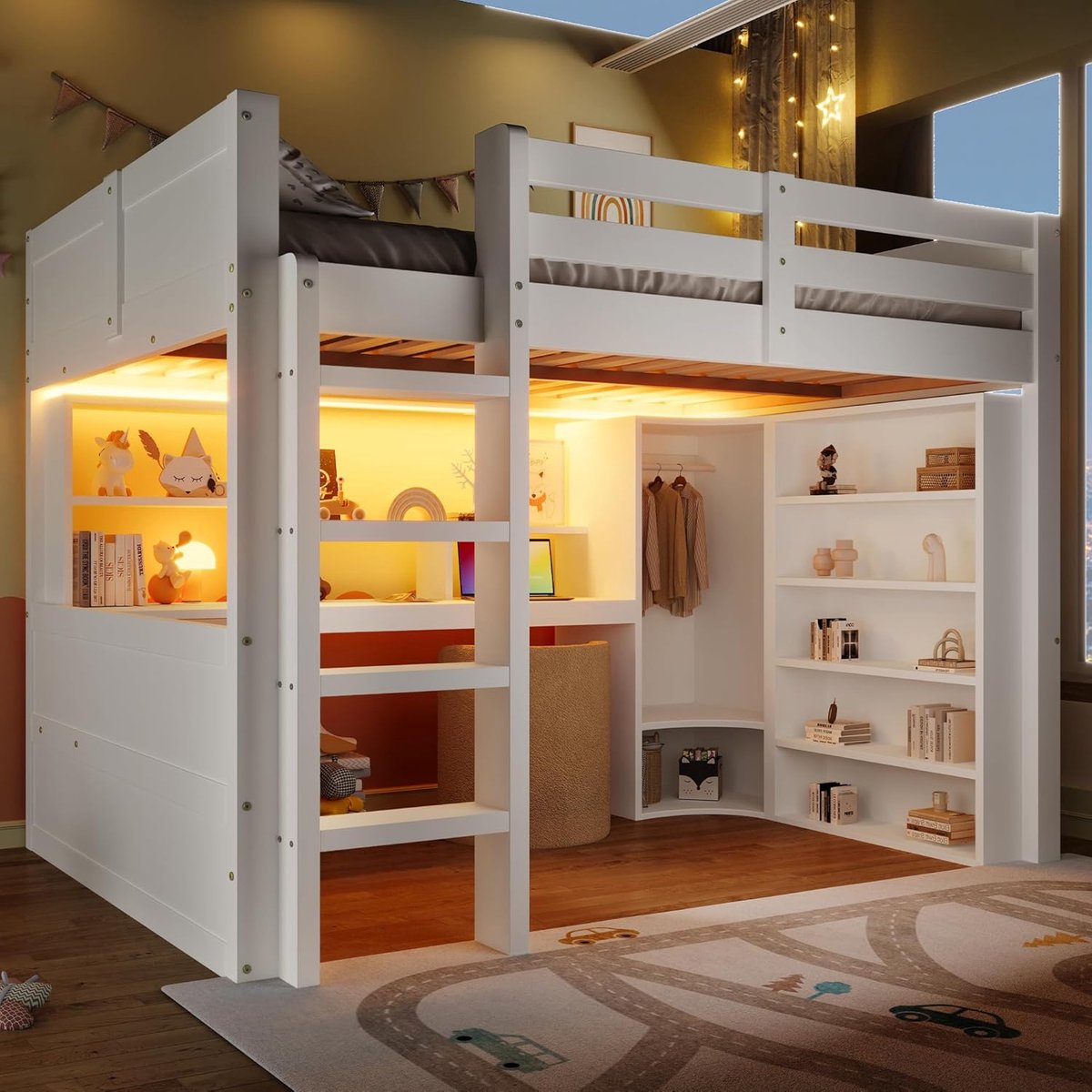 Hoogslaper 140x200 cm met Bureau, Kledingkast, Laden en LED Verlichting – Wit Modern Multifunctioneel Kinderbed – Laura