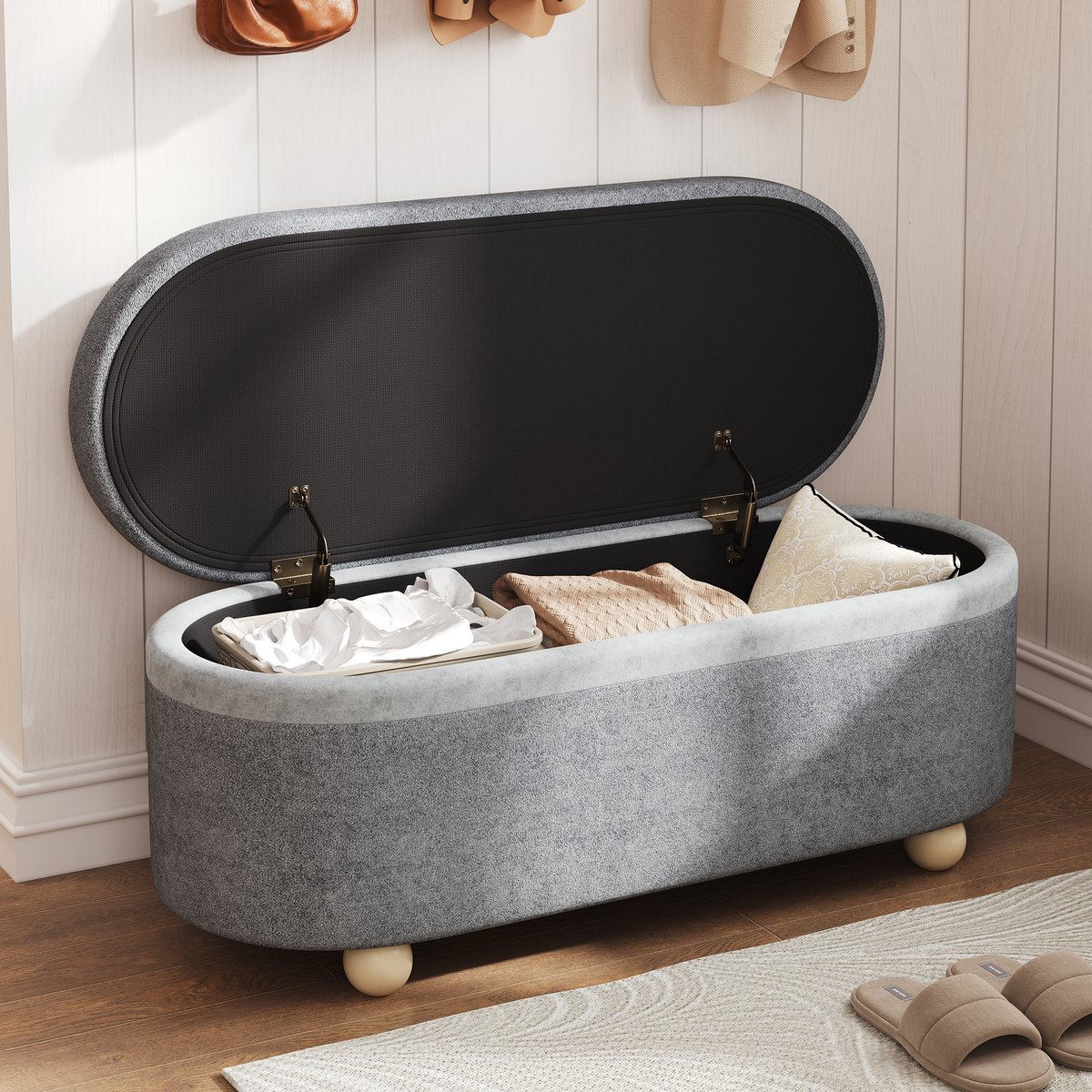 Clruro Zitbank - Opbergruimte - Fleece Bekleding - Grijs - 110 x 41 x 47 cm