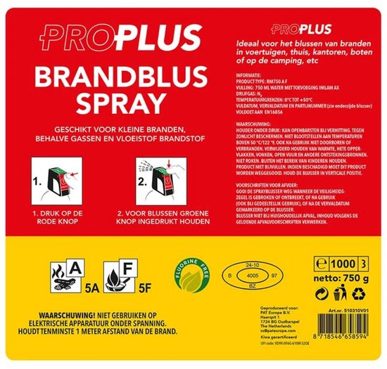 Rode brandblusser spray met gele en witte opdruk. Inclusief instructies, pictogrammen en barcode.