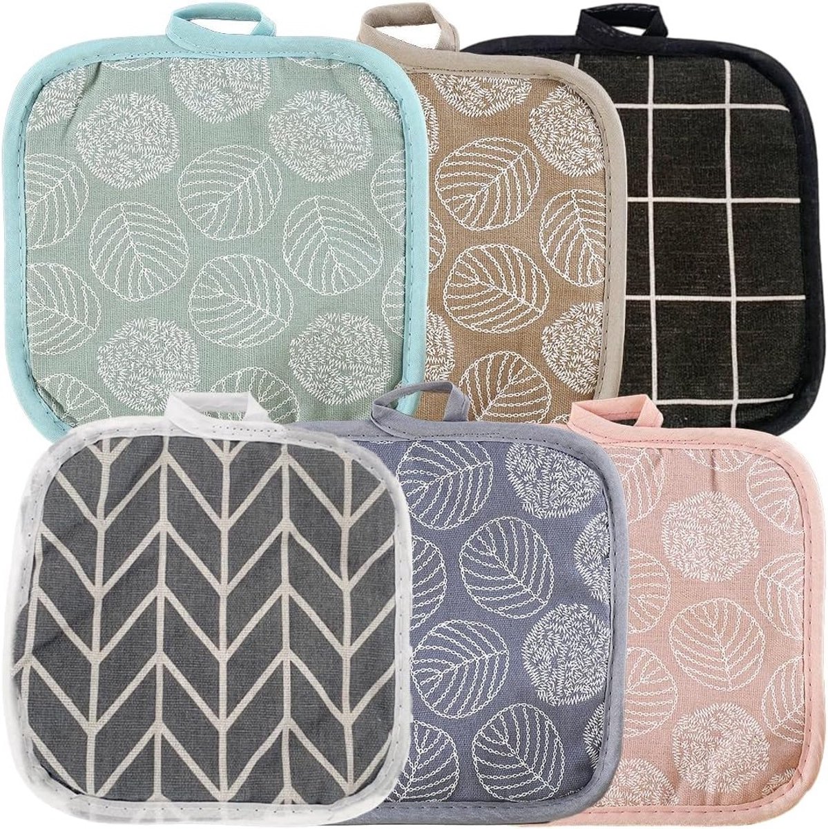 Set van 6 Katoenen Pannenlappen - Vierkante Geïsoleerde Keukenhandschoenen, Warmtebestendi