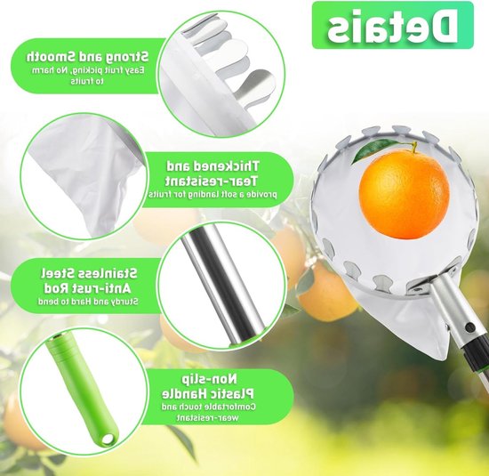 Fruitplukker met telescoopsteel van roestvrij staal en katoenen tas, ideaal voor het plukken van appels, peren en citrusvruchten. — afbeelding 5