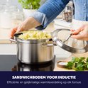 Handen die een pan met aardappelpuree op een inductiekookplaat plaatsen. Deksel opengeschoven.