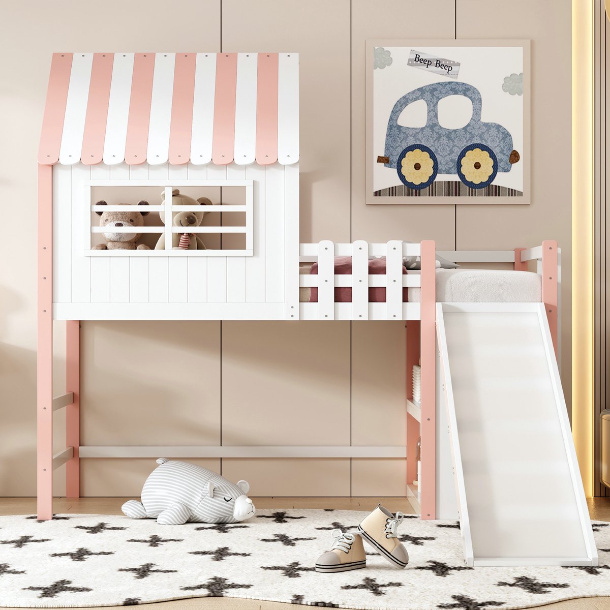 VVBV Hoogslaper 90x200 / Hoogslaper met glijbaan / Kinder hoogslaper – met Opbergruimte, Veiligheidshek, Ladder – Massief Hout – Roze Pink