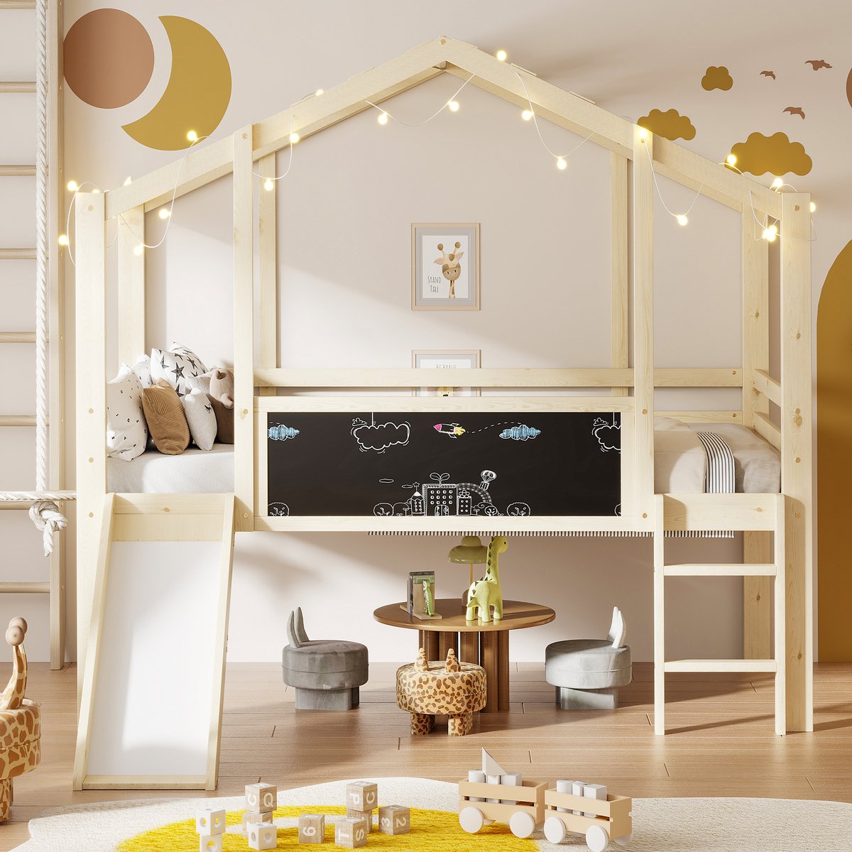 VVBV Kinderbed 90x200 cm Hoogslaper met Glijbaan, Krijtbord & Trap, Massief Hout, Speelbed voor Kinderen, Houtkleur