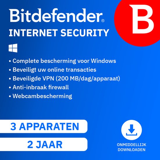 Bitdefender Internet Security. Bescherming voor 3 apparaten, 2 jaar. Download direct.