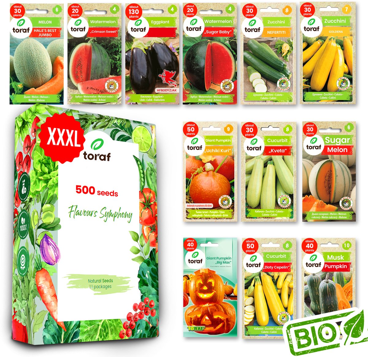 Toraf Zaden Set 12 Soorten 500 Zaden XXXL Tomaat, Courgette, Pompoen, Meloen Voor Kas & Tuin Moestuin Zaaigoed Set