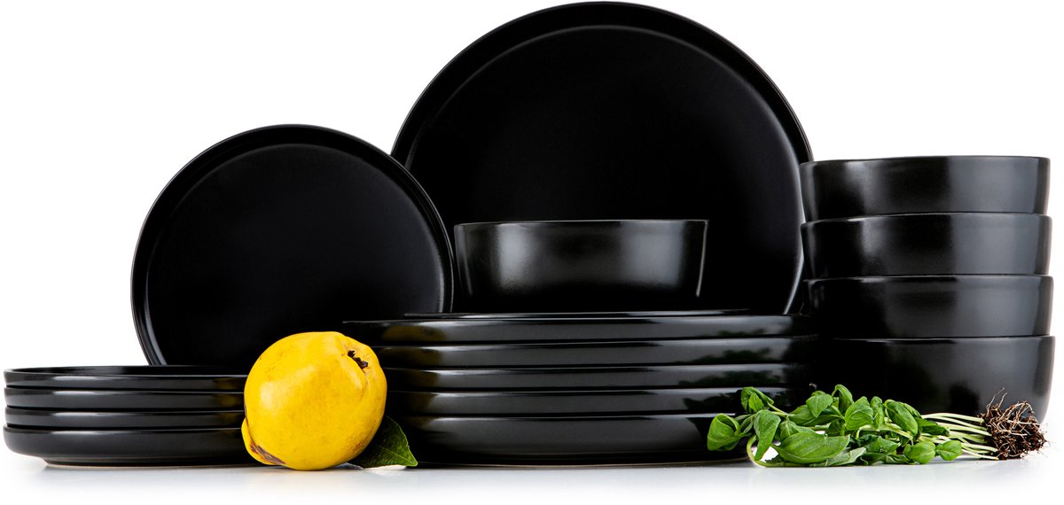 KONSIMO® VICTO - 18 delig - 6 persoons - Keramiek - Dessertbord, Kom, Dinerbord - Zwart