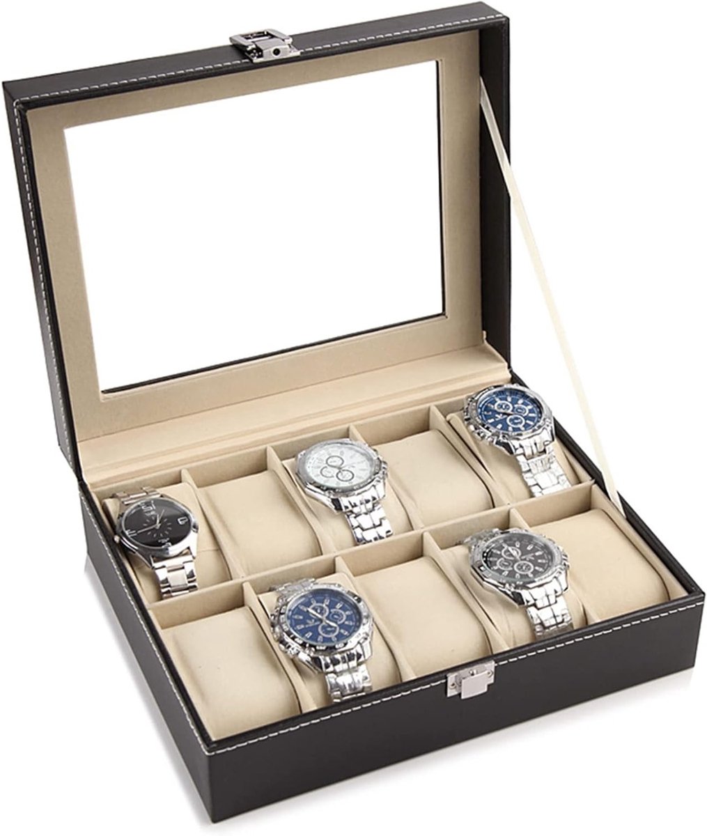Heren Horlogedoos met 10 Compartimenten, Leren Horloge Organizer met Sleutel voor Sieradenverzameling