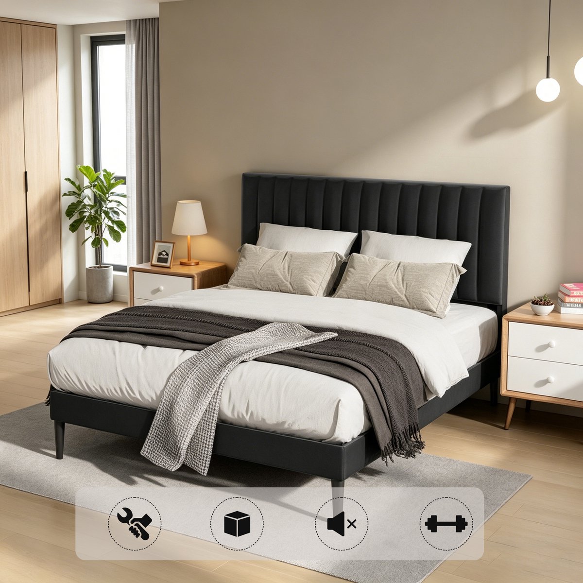 KUTAS Gestoffeerd bed 140x200 CM - Tweepersoonsbed - Metalen Bedframe - Bedden Met Opbergruimte en Lattenbodem - Bedframe Met Verstelbaar Gestoffeerd Hoofdbord - Zwart