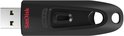 Zwarte SanDisk USB 3.0 stick, bovenaanzicht, met rode logo en rubberen grip.