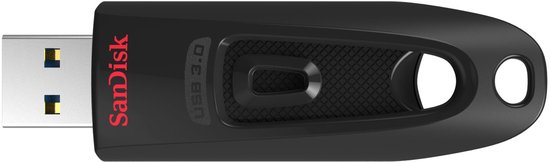 Zwarte SanDisk USB 3.0 stick, bovenaanzicht, met rode logo en rubberen grip.