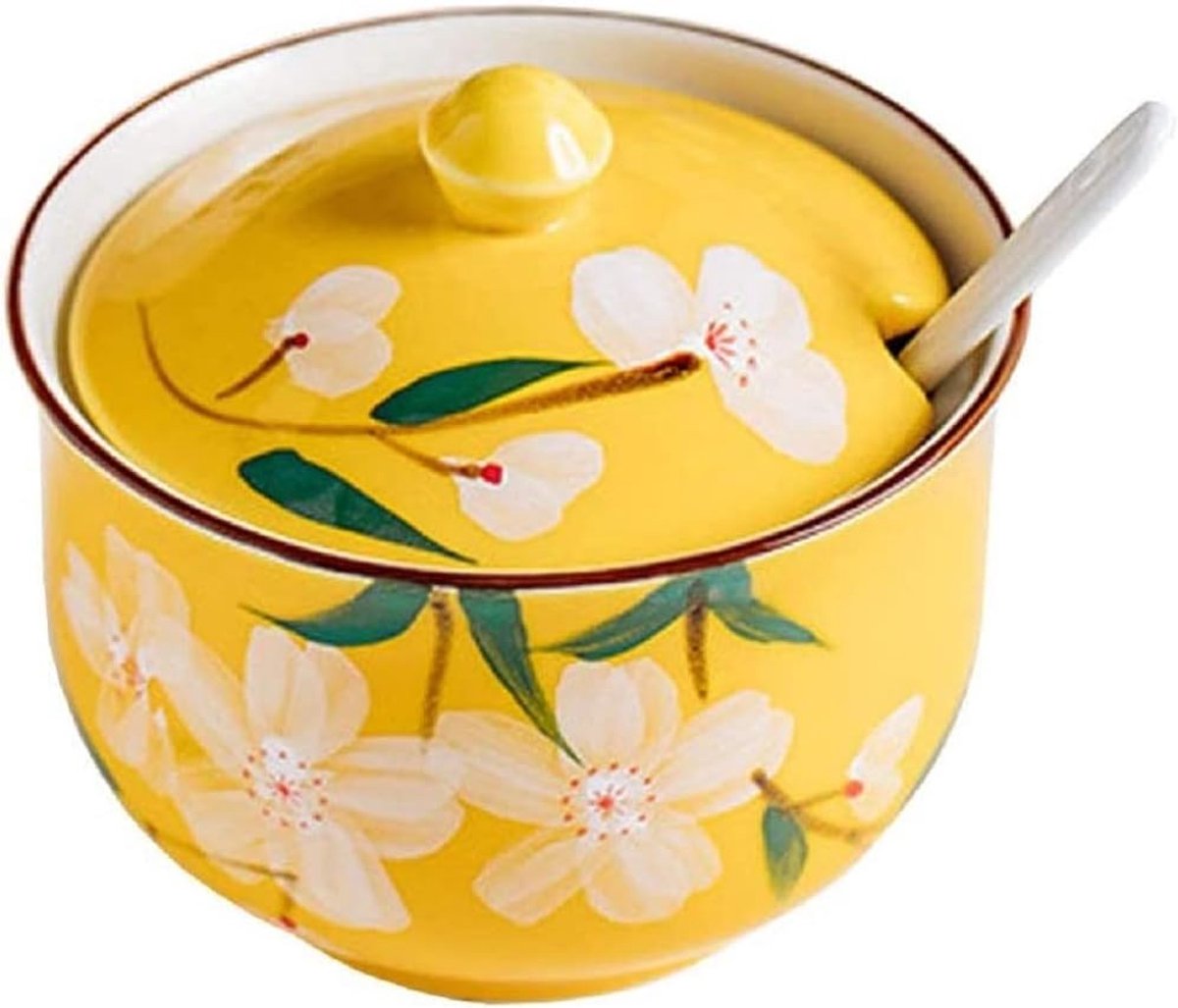 JeiibrZui Keramische Kruidenpot - 300 Ml - 1 Stuks Met Deksel En Lepel - Geel Bloemenpatroon Voor Suiker Zout Peper - Praktische Bewaardoos Voor Keuken Eettafel Feestjes
